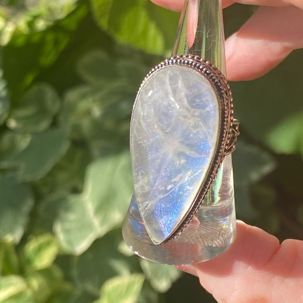 Large Rainbow Moonstone & Sterling Silver Ring 9.25 Size 9